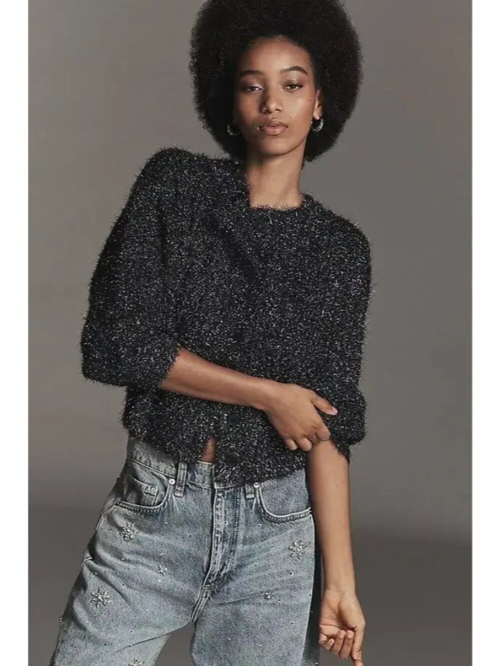 Anthropologie boat-neck tinsel cardigan sweater Navy Blue XL